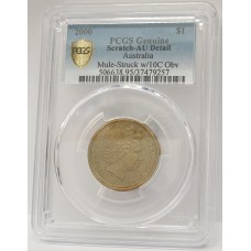 AUSTRALIA 2000 . ONE 1 DOLLAR / TEN 10 CENTS COIN . MULE STRUCK . PCGS AU